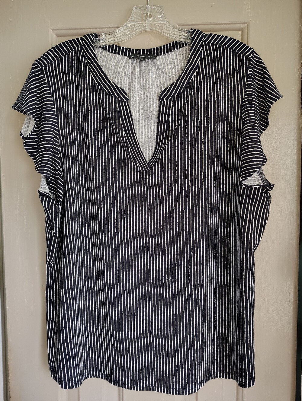 Adrianna Papell navy blue & white stripe Pullover Top Blouse Size XL